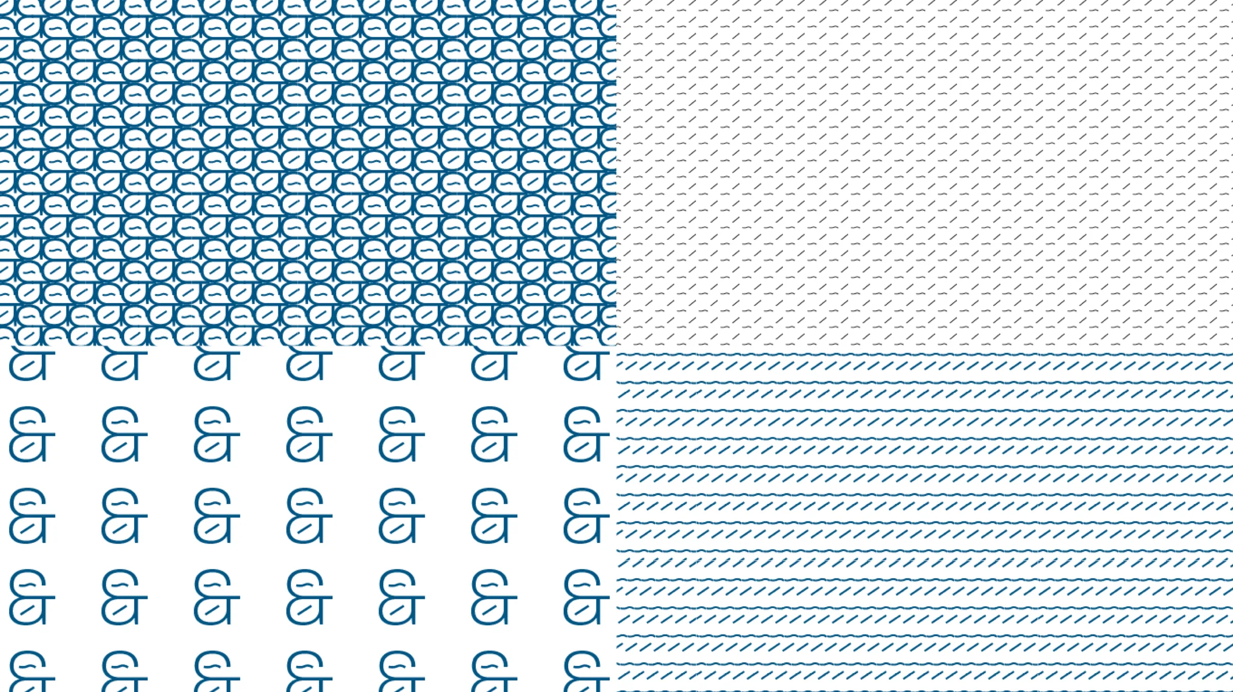 Four blue and white patterns made from the ampersand and its strokes
