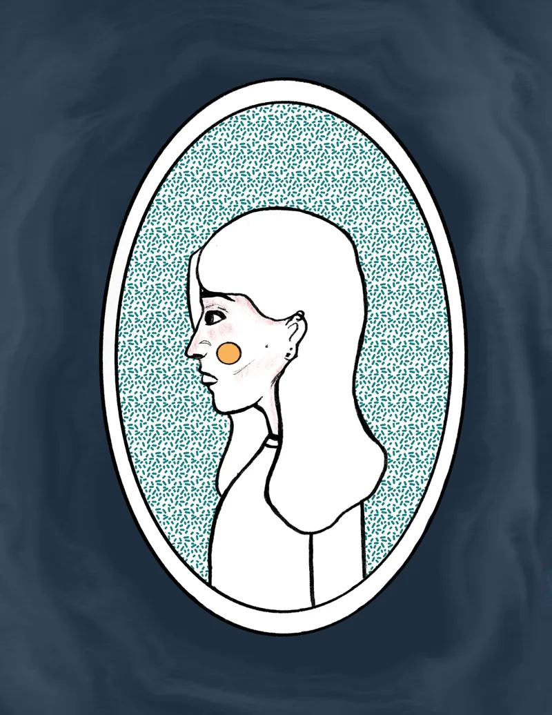 A profile portrait in an oval cameo frame on deep navy