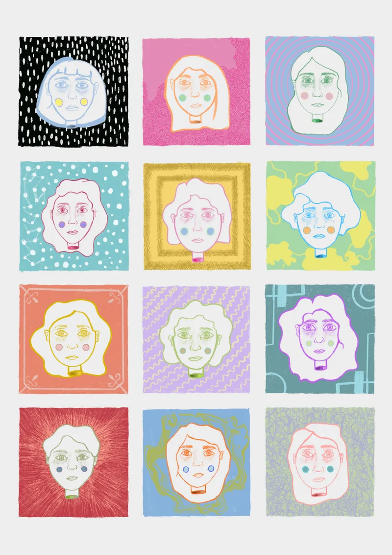 Grid of twelve colourful faces