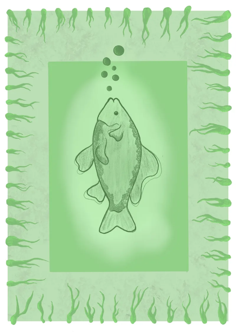 A green fish rising toward bubbles, framed by seaweed