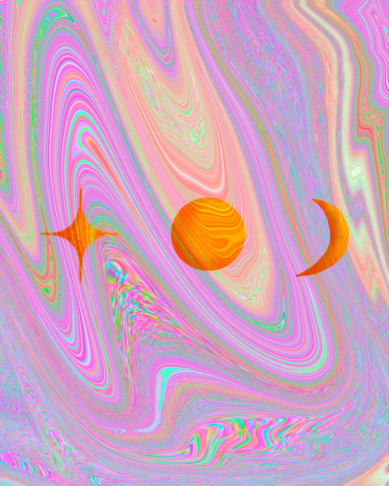 A planet, star and moon over swirling marbled colour
