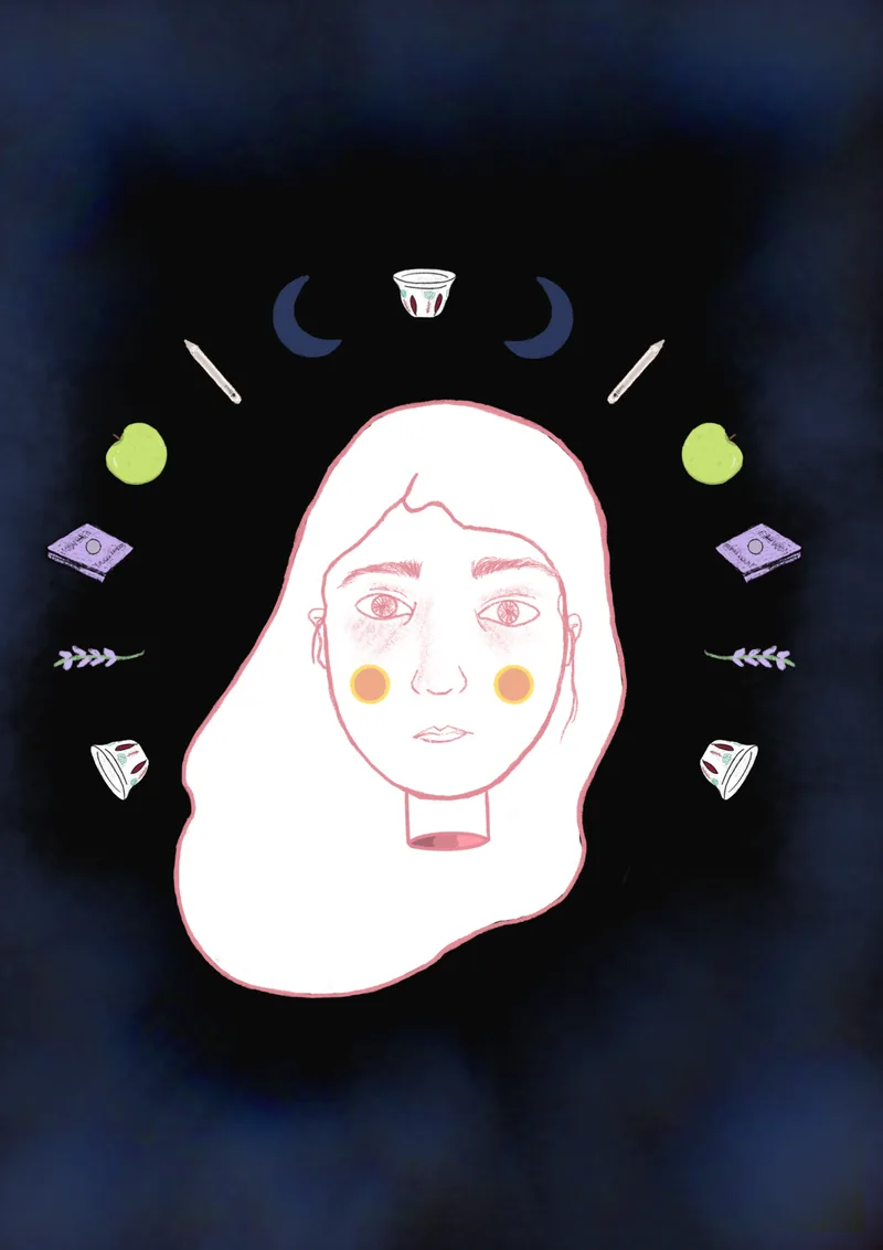 A pale portrait ringed by moons, pills and leaves on a dark night sky