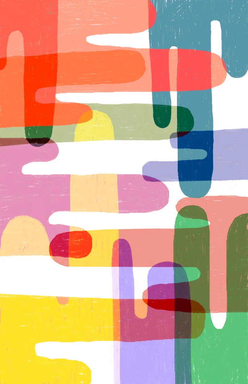 Overlapping rounded shapes in bright translucent colours