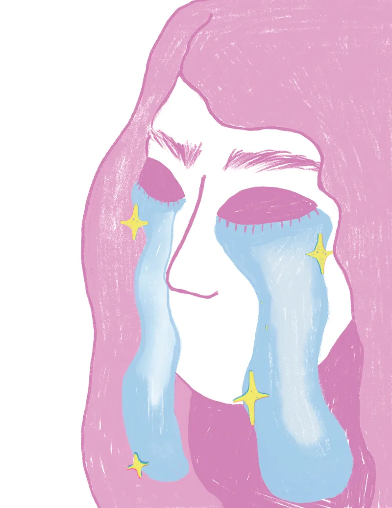 A pink-haired figure crying sparkling blue tears