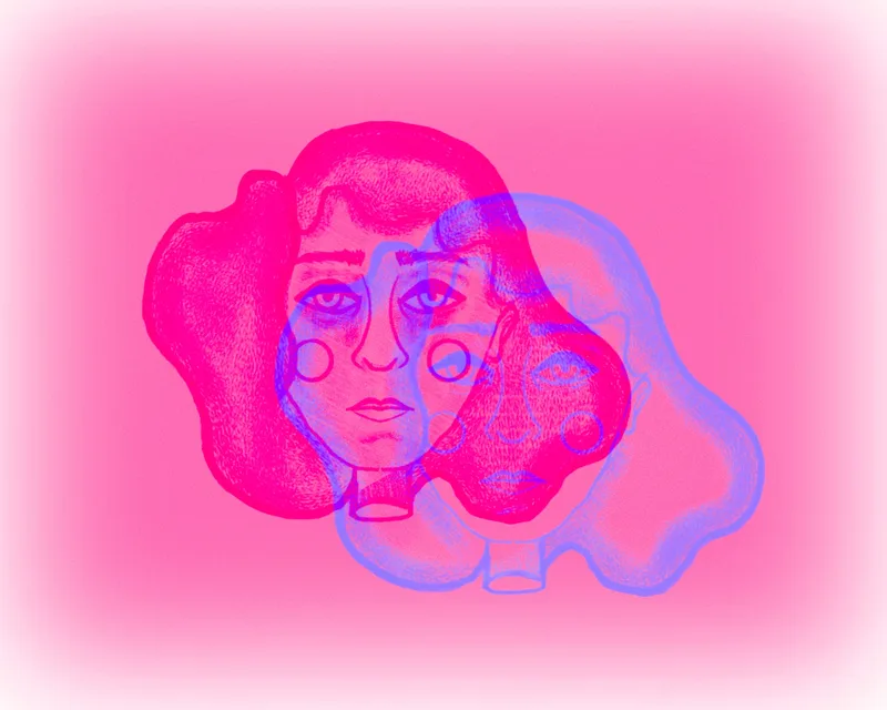 Two overlapping faces drawn in hot pink and violet