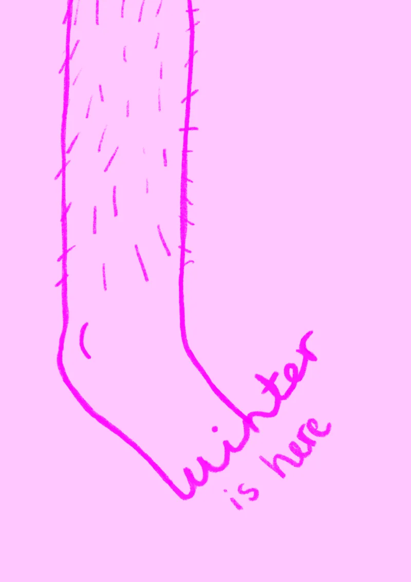 A hairy leg in magenta line with the words winter is here