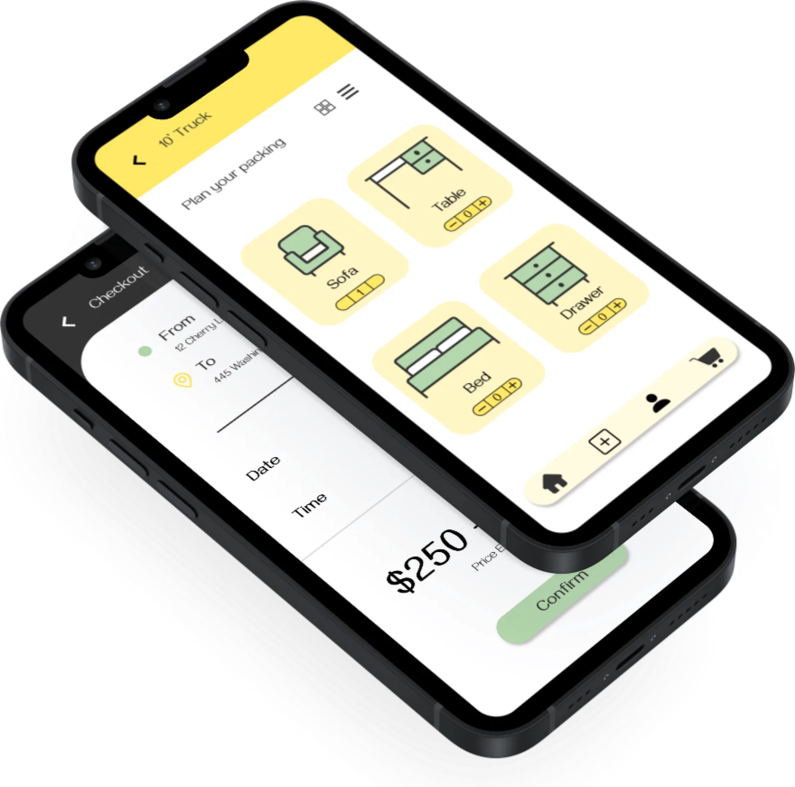 Two phones showing the packing planner and the checkout screen