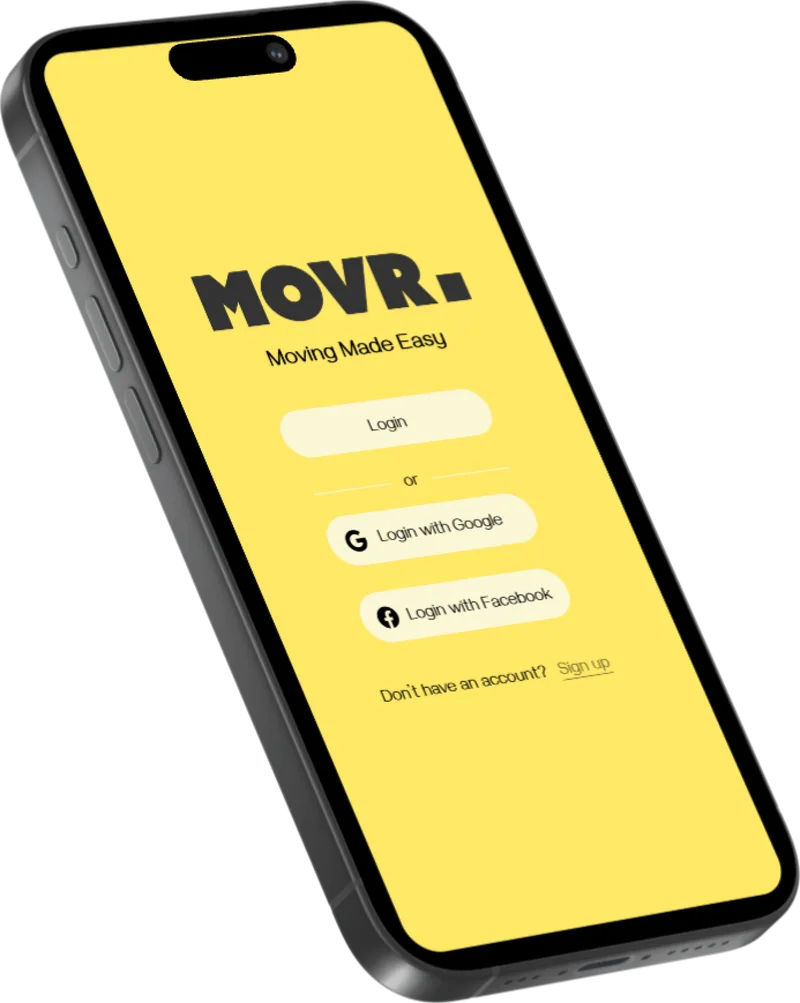 MOVR welcome screen on a tilted phone